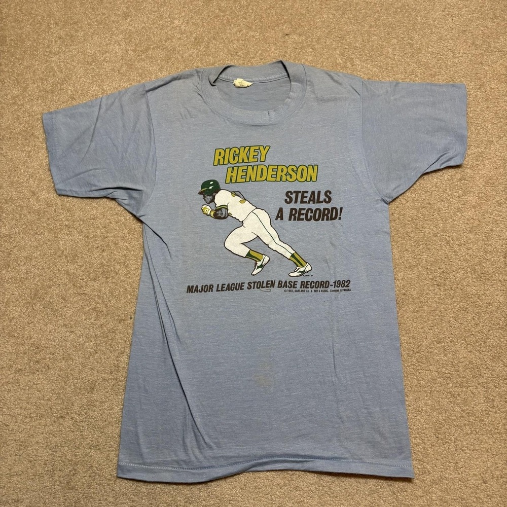 Vtg Oakland Athletics Rickey Henderson Shirt SZ S Blue MLB Baseball Screen Stars